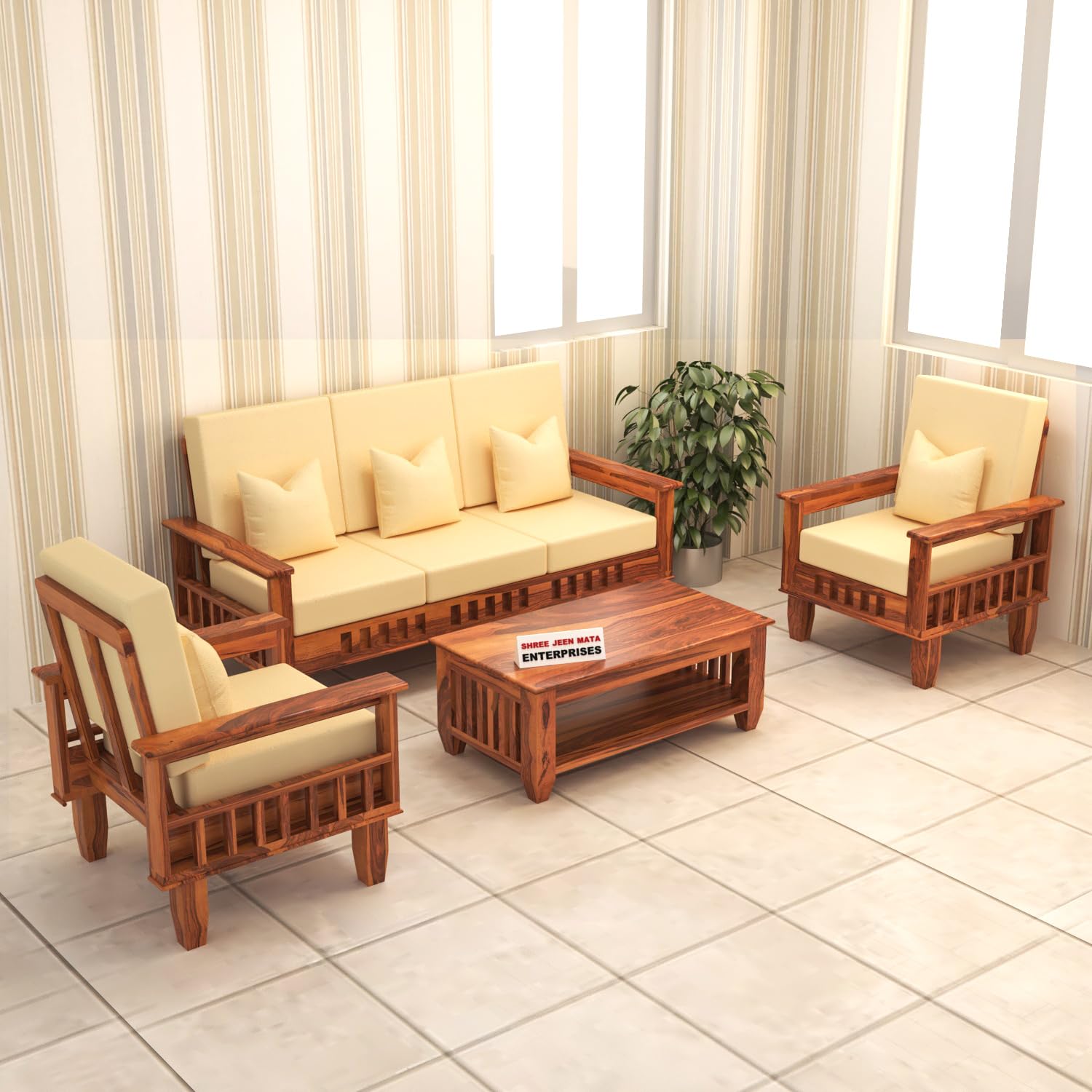 Jeenwood Solid Sheesham Wood 5 Seater Sofa Set, 5 Seater Seater Sofa Set with Side Pockets - Honey Finish