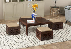 Jeenwood Sheeshsam Wooden Coffee Table with 4 Stools for Living Room - Solid Wood Coffee Table with Cushion Seating Stools Tea Table Teapoy Center Piece for Home Sofa Center Table - Kaine Walnut