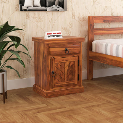 Solid Wood Bedside Table with Chevron Design Door & Drawer
