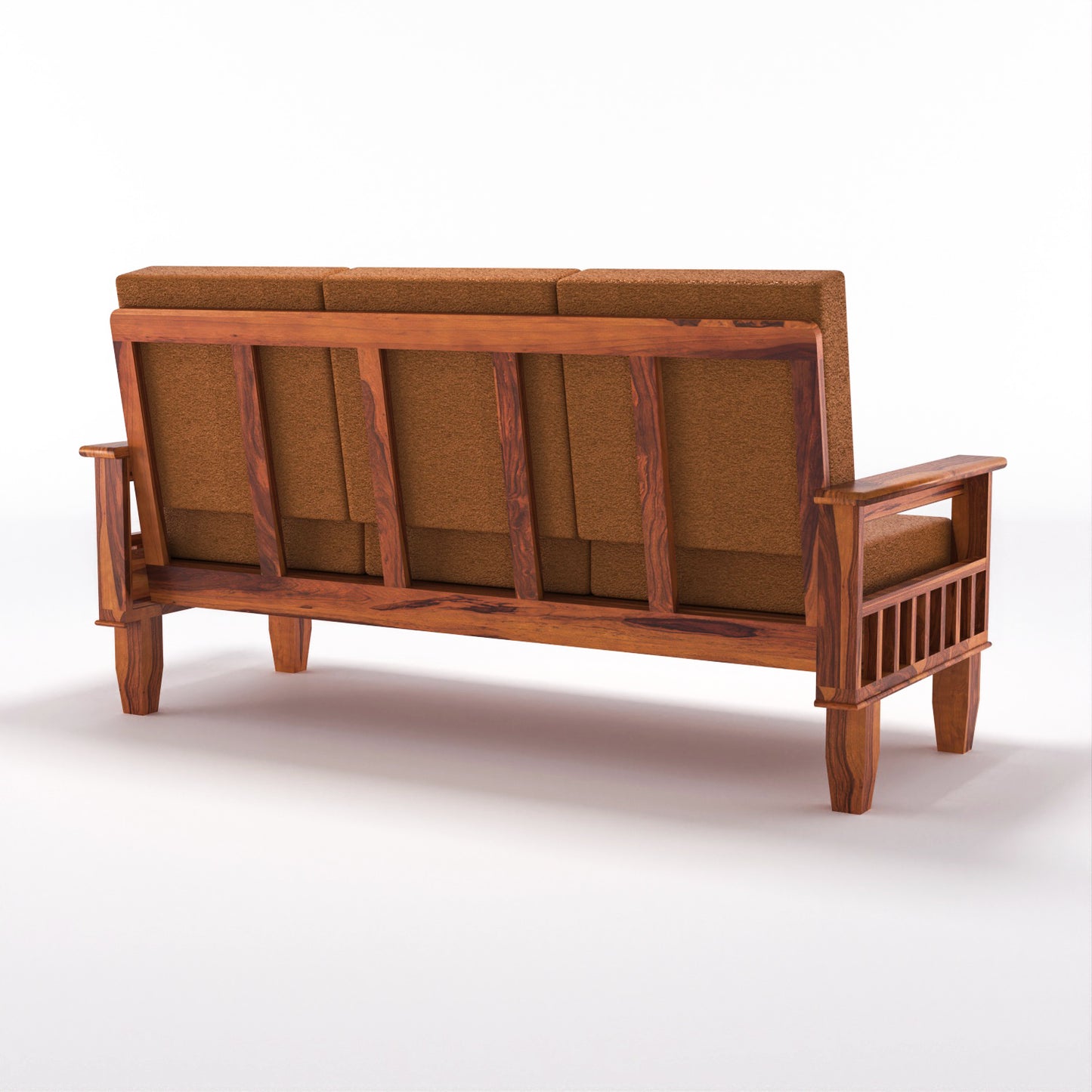 Solid Wood Three Seater Sofa with Cushioned Seating | Natural & Walnut Finish Wooden Sofa