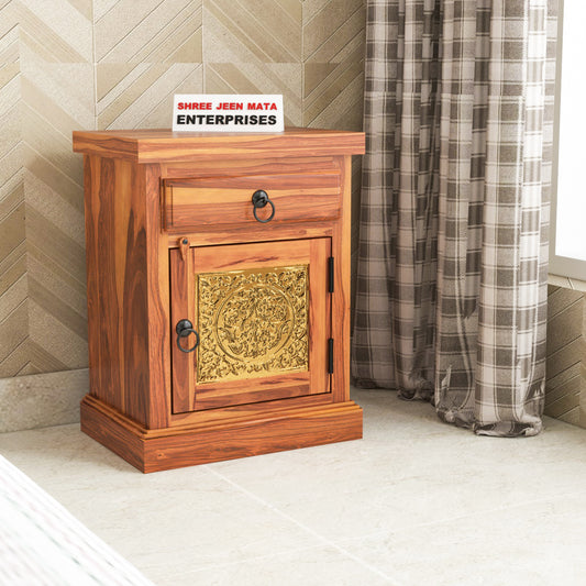 Solid Sheesham Wood Bedside Table with Drawer & Cabinet | Brass Inlay Door