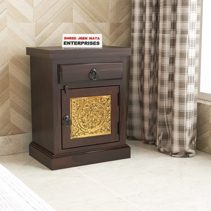 Solid Sheesham Wood Bedside Table with Drawer & Cabinet | Brass Inlay Door