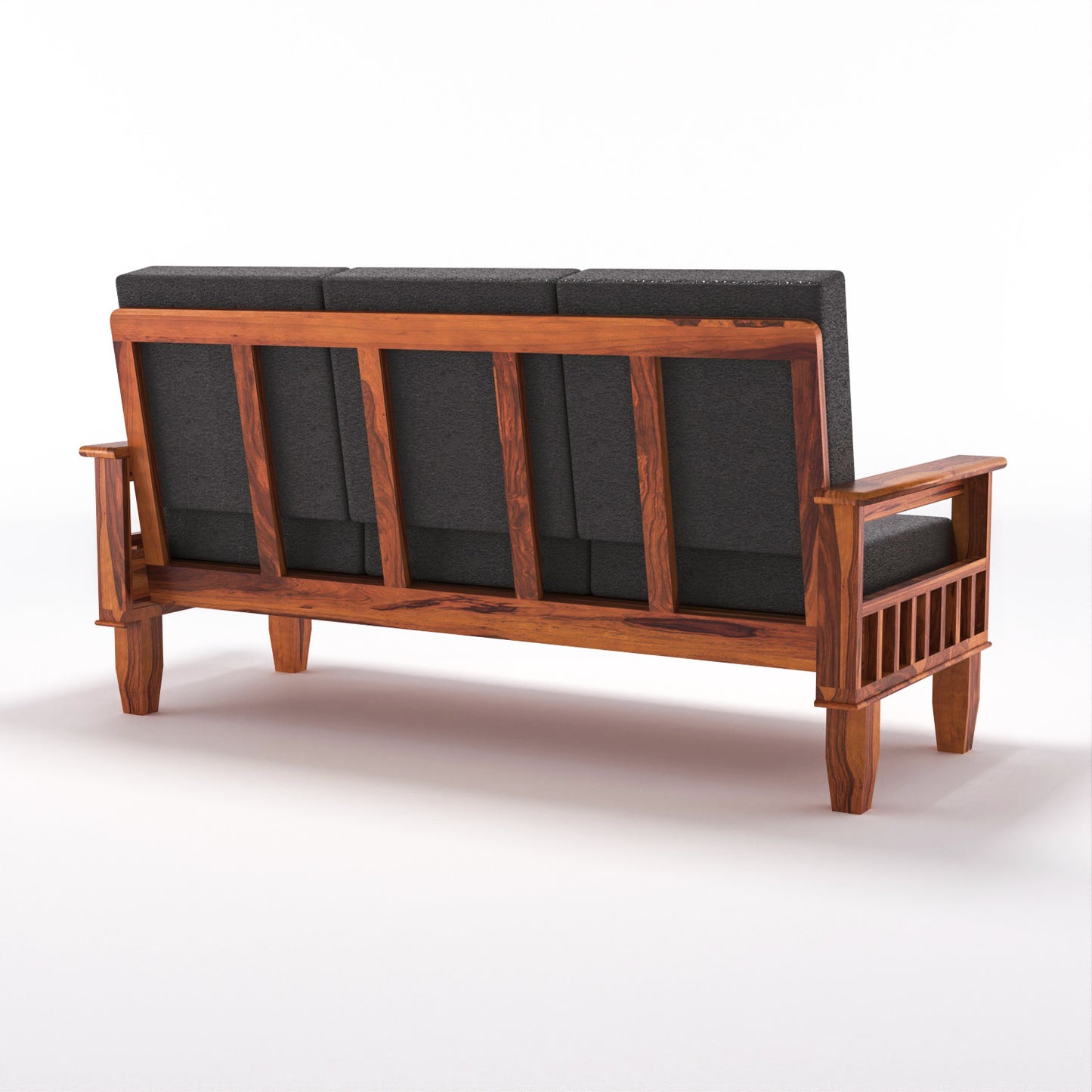 Solid Wood Three Seater Sofa with Cushioned Seating | Natural & Walnut Finish Wooden Sofa