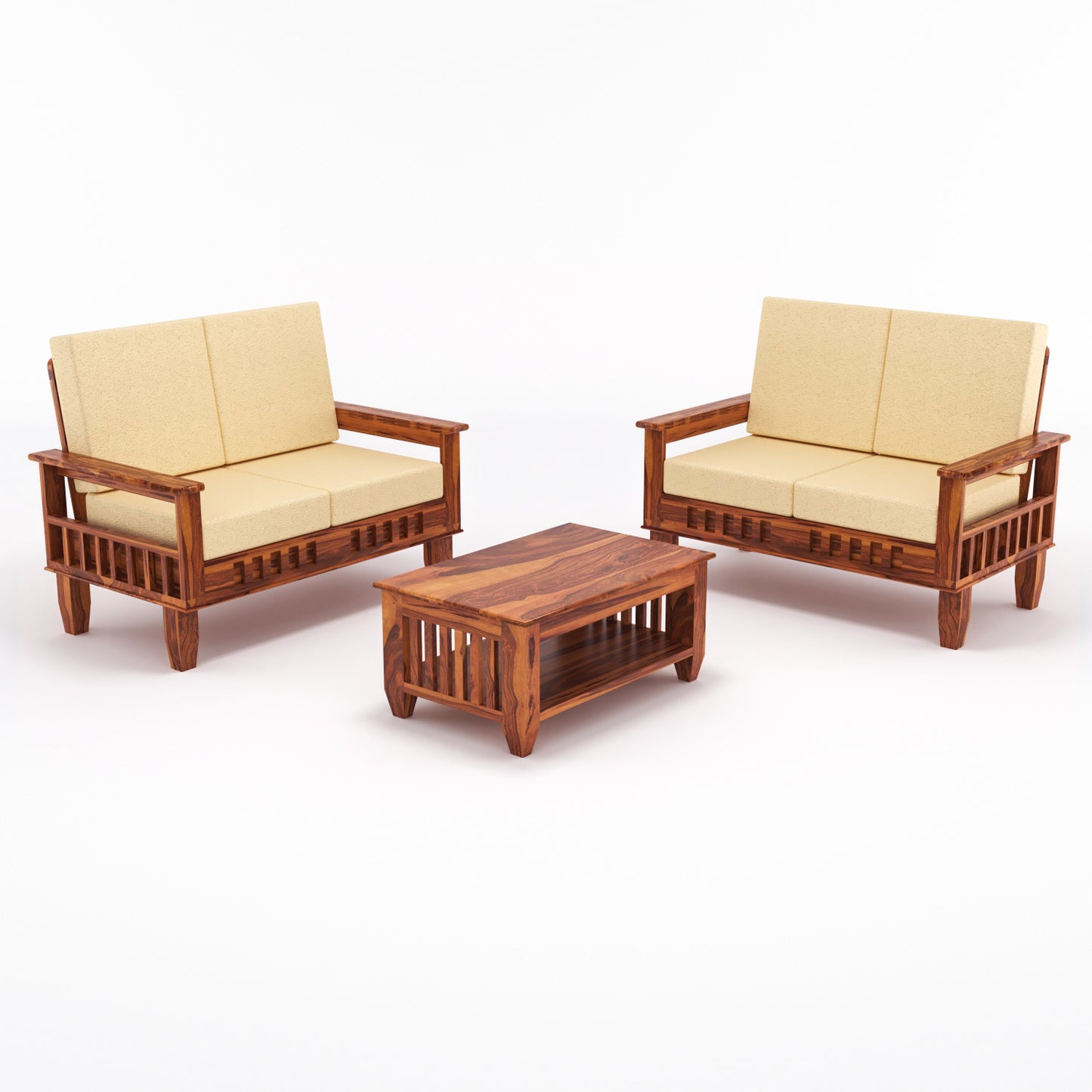 Solid Wood 4 Seater Sofa Set (Set of 2) | Natural & Walnut Finish Wooden Sofa with Cushions