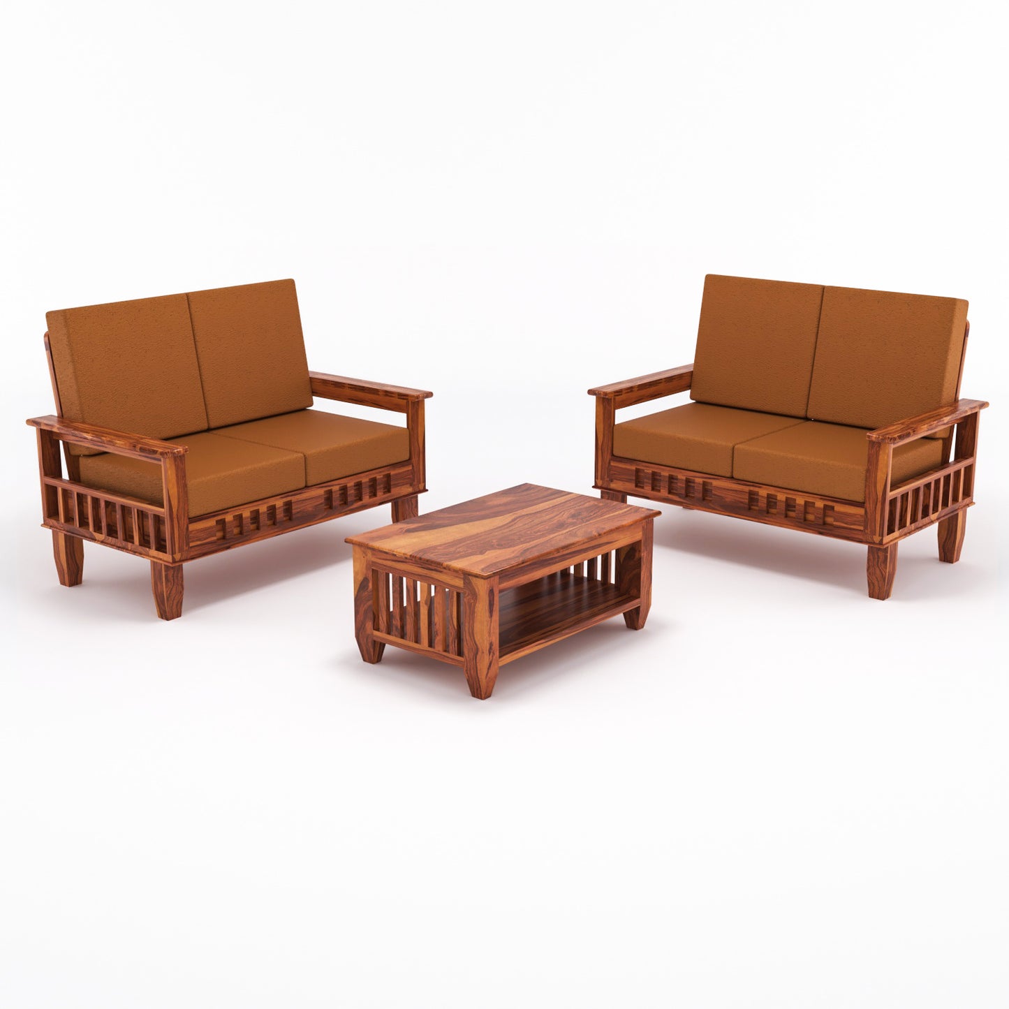 Solid Wood 4 Seater Sofa Set (Set of 2) | Natural & Walnut Finish Wooden Sofa with Cushions
