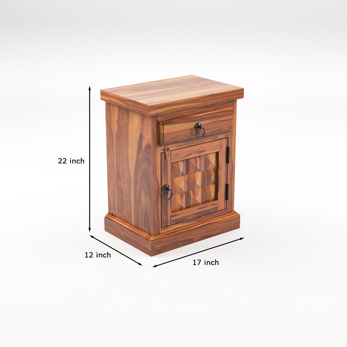 Solid Sheesham Wood Bedside Table with Drawer & Storage Cabinet