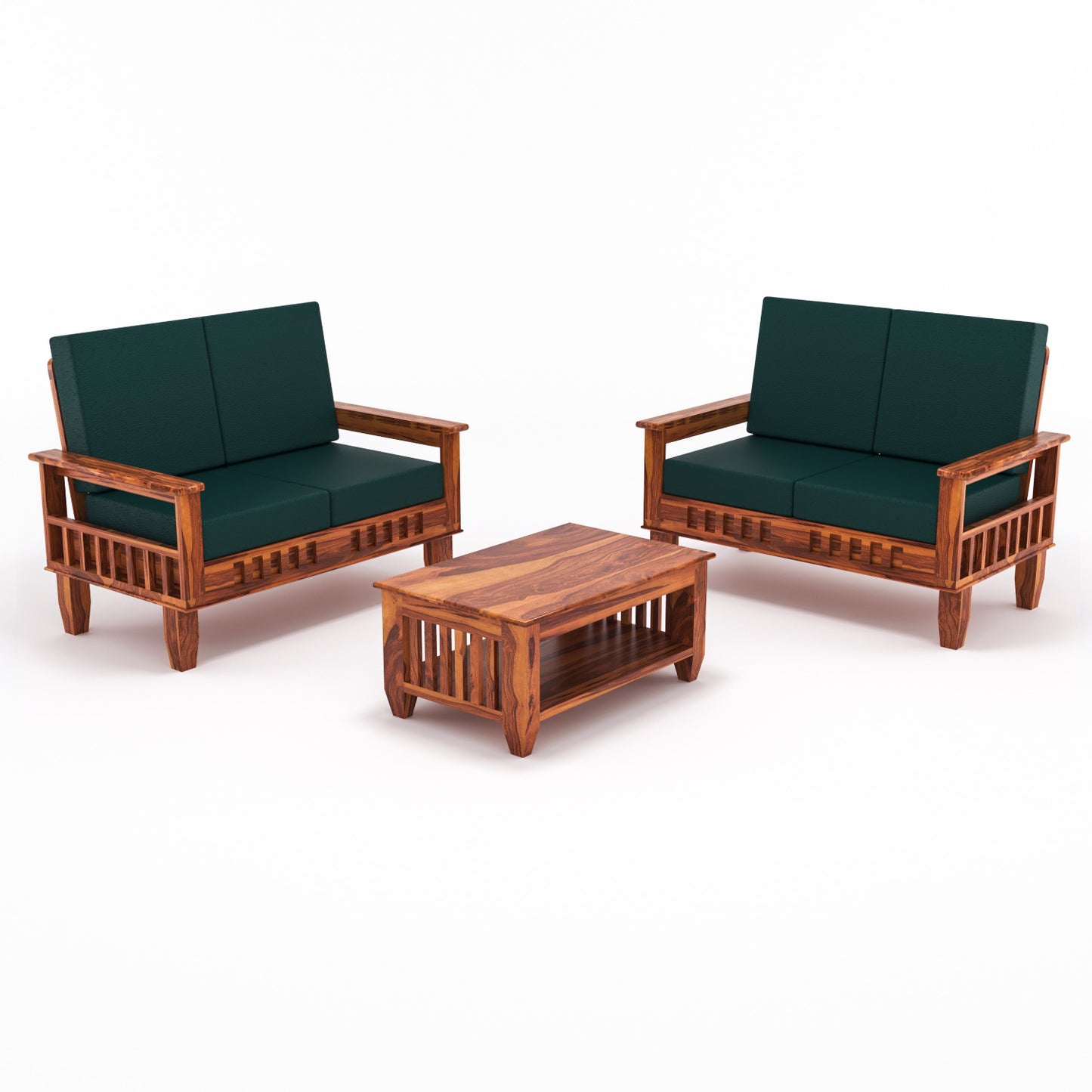 Solid Wood 4 Seater Sofa Set (Set of 2) | Natural & Walnut Finish Wooden Sofa with Cushions