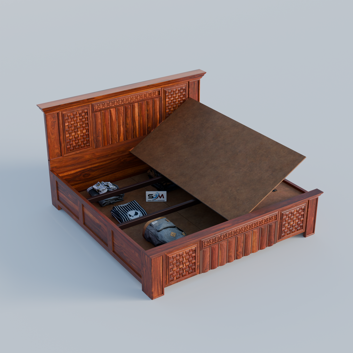 King Size Solid Sheesham Wood Bed with Storage