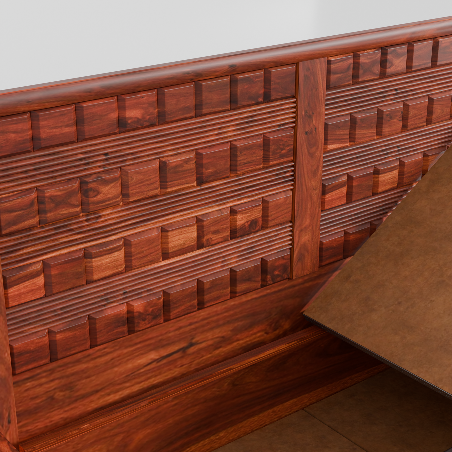 Solid Sheesham Wood Storage Bed with 3D Designer Headboard