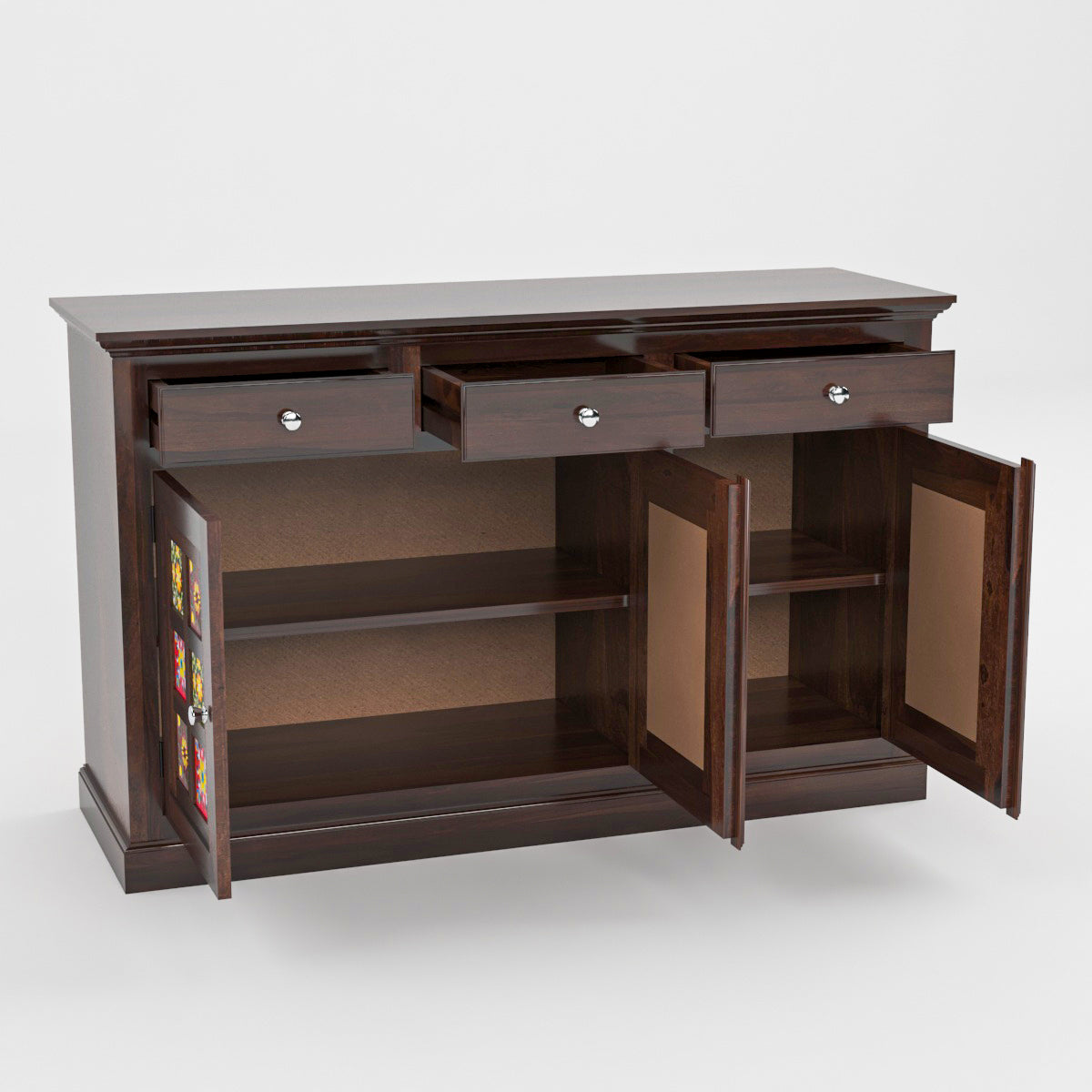 Solid Teak Wood Storage Cabinet with Handcrafted Tile Doors