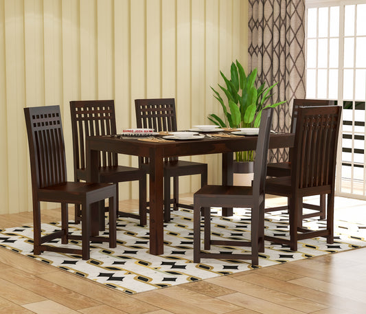 Solid Wood 6 Seater Dining Table Set with Slatted Back Chairs