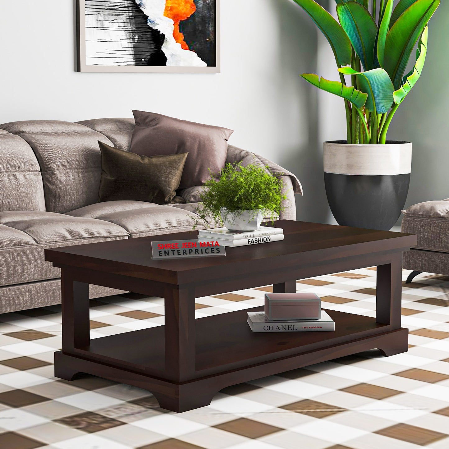 Modern Handcrafted Solid Wood Coffee Table with Open Storage Shelf