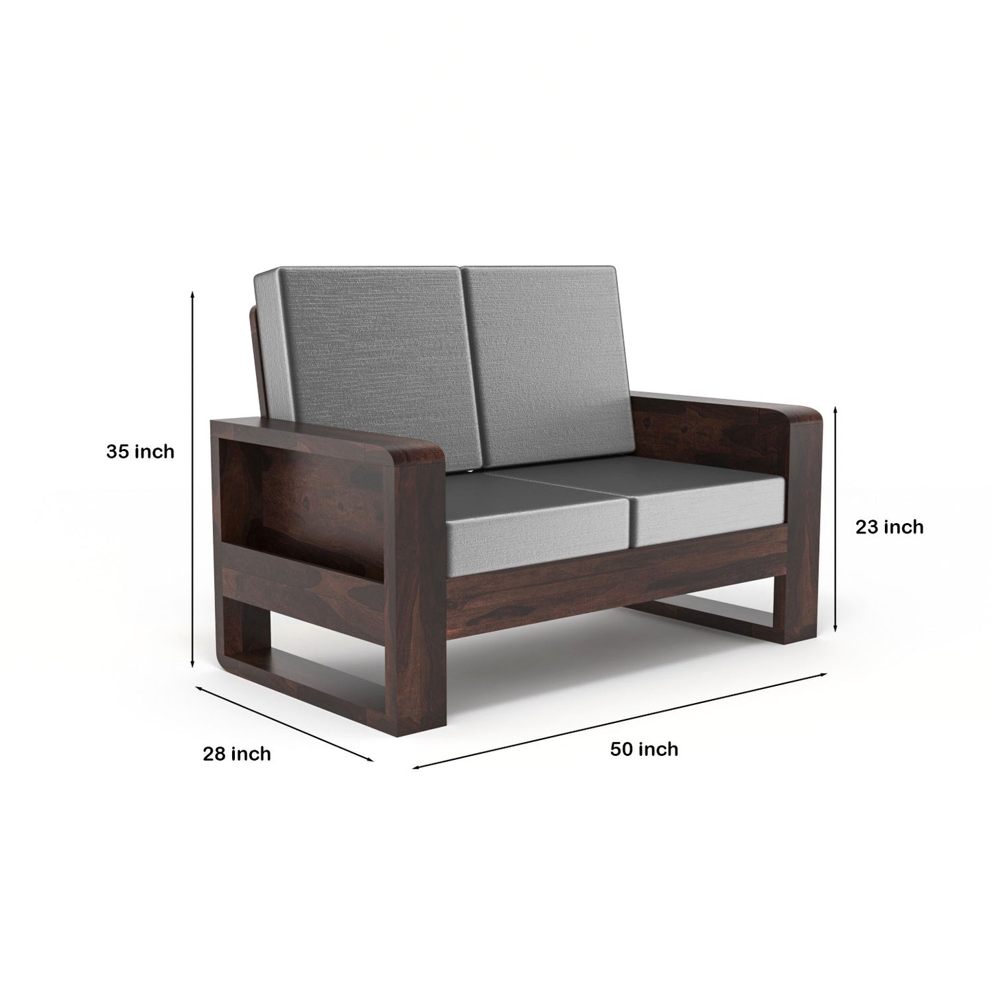 Solid Wood 2 Seater Sofa | Natural & Walnut Finish Wooden Sofa with Cushioned Comfort