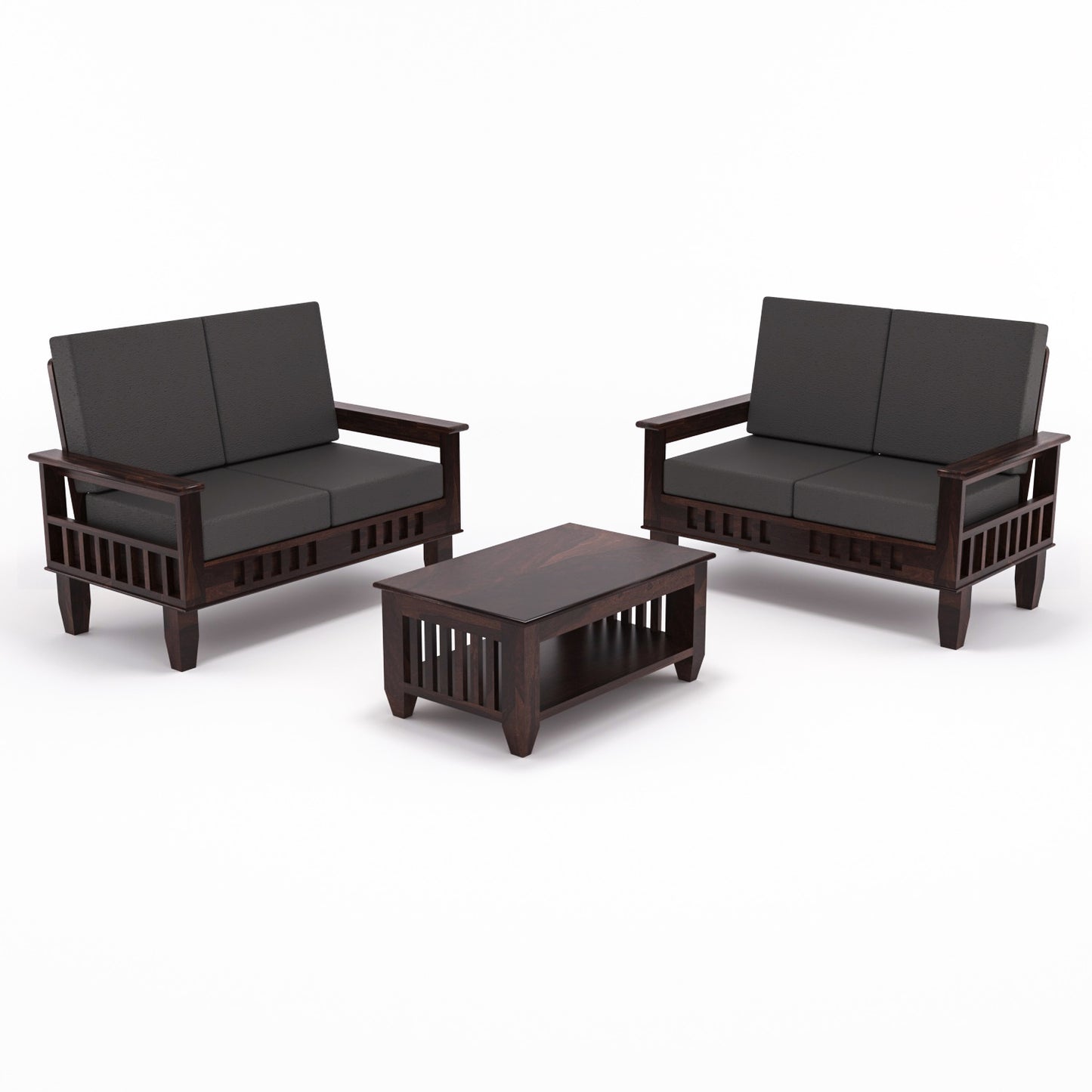 Solid Wood 4 Seater Sofa Set (Set of 2) | Natural & Walnut Finish Wooden Sofa with Cushions