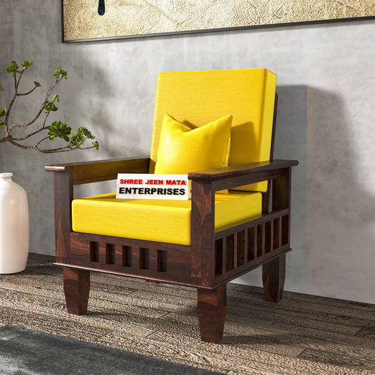 Jeenwood Sheesham Wood Single Seater Sofa | Wooden Single Sofa Chair - Premium Single Chair for Living Room Bedroom | 1 Person Sofa for Home Office Furniture - yellow Walnut