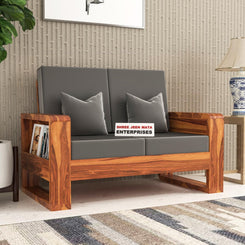 Jeenwood Solid Sheesham Wood 2 Seater Sofa, 2 Seater Sofa with Side Pockets with Cushions for Living Room, Home Furniture - Honey