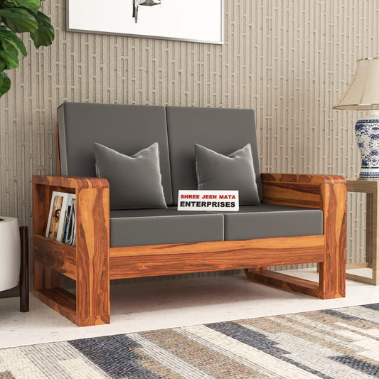 Jeenwood Solid Sheesham Wood 2 Seater Sofa, 2 Seater Sofa with Side Pockets with Cushions for Living Room, Home Furniture - Honey