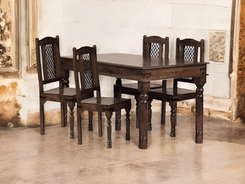 Solid Wood 4 Seater Dining Table Set with Wooden Chairs and Storage Drawer