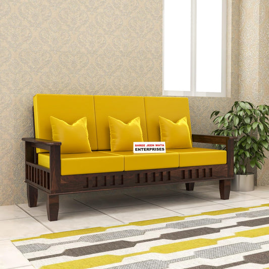 Jeenwood Solid Sheesham Wooden Sofa 3 Seater | 3 Person Sofa - 3 Seater Sofa For Living Room | Premium Sofa Set 3 Seater with Comfortable Cushion - For Home Office Furniture - yellow Walnut