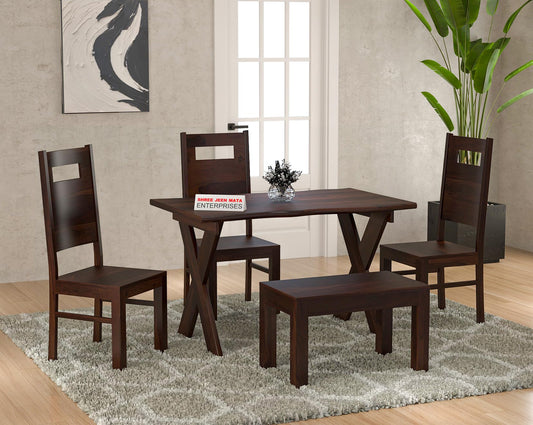 Jeenwood Sheesham Wooden 4 Seater Dining Table with 3 Chairs & 1 Bench - Dining Set for Dining Room - Wooden Dining Table 4 Seater Dining Table Set of 4 - Walnut