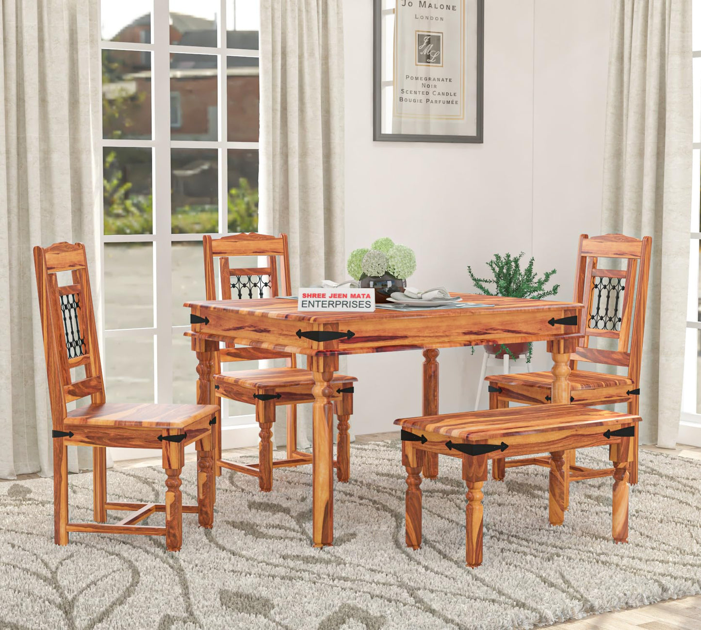 Jeenwood Sheesham Wooden 4 Seater Dining Table with 3 Chairs & Bench - Dining Set for Dining Room - Wooden Dining Table 4 Seater Modern Dining Table Set of 4 for Hotel - Honey