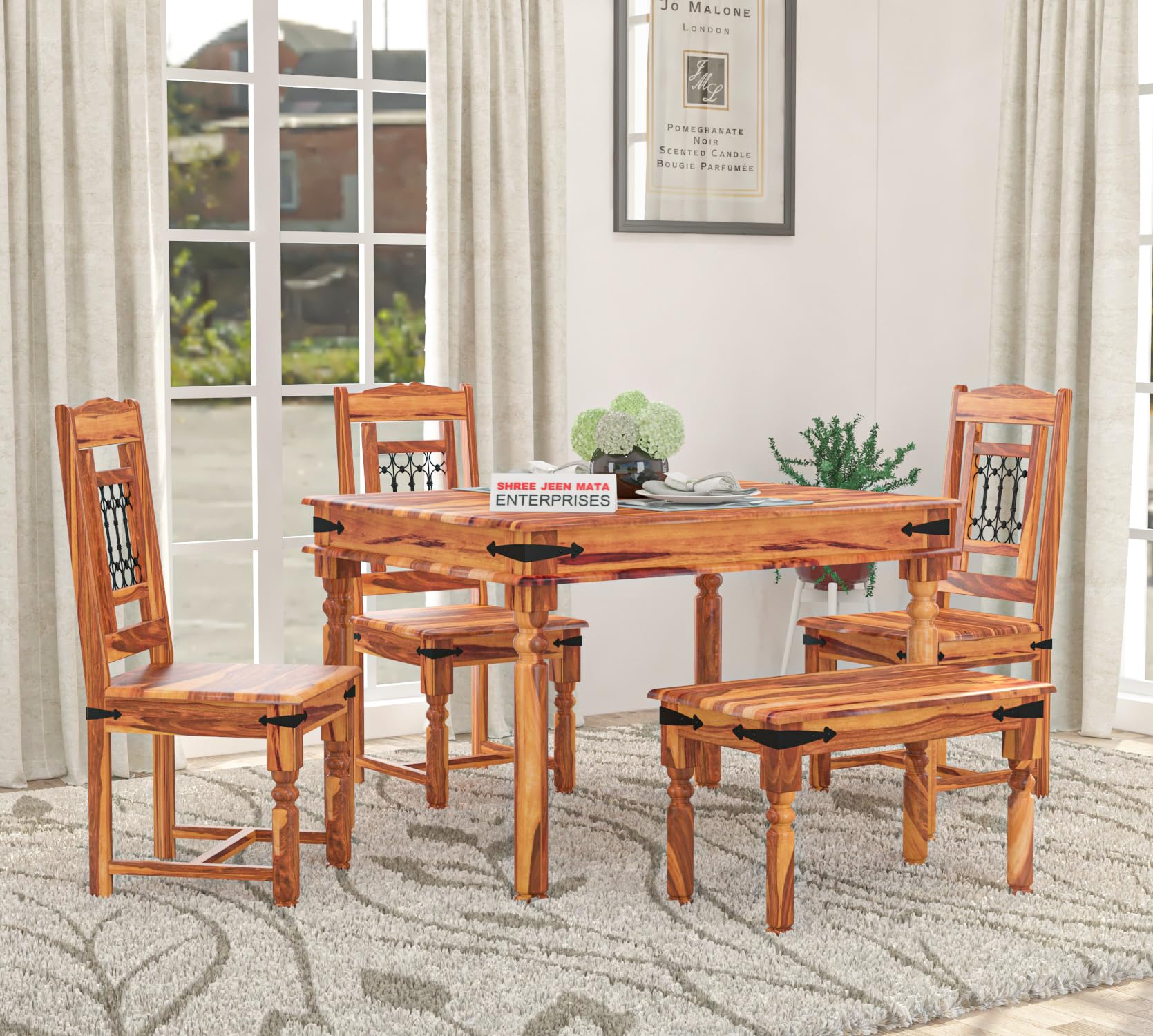 Jeenwood Sheesham Wooden 4 Seater Dining Table with 3 Chairs & Bench - Dining Set for Dining Room - Wooden Dining Table 4 Seater Modern Dining Table Set of 4 for Hotel - Honey