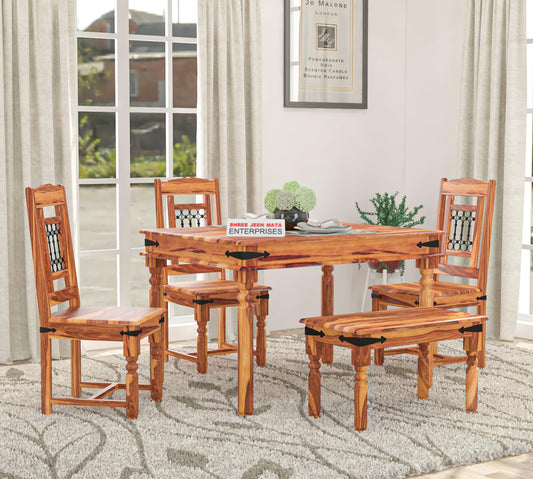 Jeenwood Sheesham Wooden 4 Seater Dining Table with 3 Chairs & Bench - Dining Set for Dining Room - Wooden Dining Table 4 Seater Modern Dining Table Set of 4 for Hotel - Honey