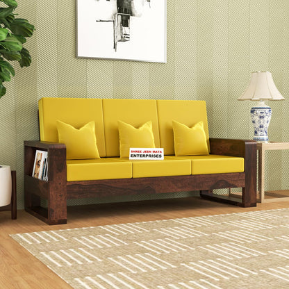 Jeenwood Solid Sheesham Wooden Sofa 3 Seater for Living Room | 3 Person Seating - Elegant Sofas Set Wooden Furniture for Home Office Decor - Walnut