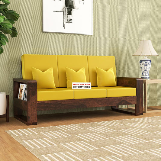 Jeenwood Solid Sheesham Wooden Sofa 3 Seater for Living Room | 3 Person Seating - Elegant Sofas Set Wooden Furniture for Home Office Decor - Walnut