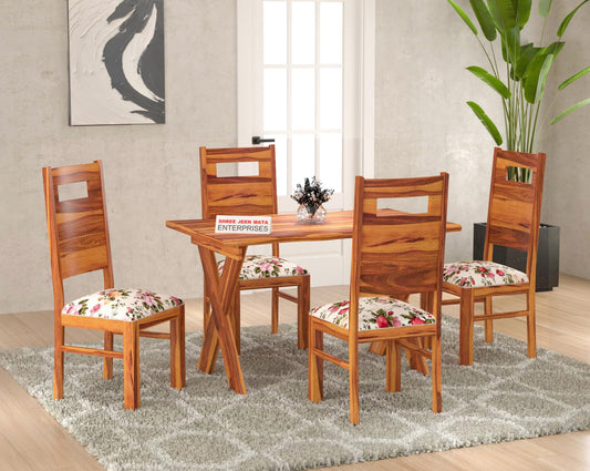 Jeenwood Sheesham Wooden 4 Seater Dining Table with Cushion Chairs Dining Set for Dining Room - Wooden Dining Table 4 Seater Modern Dining Table Set of 4 for Living Room Home - Honey