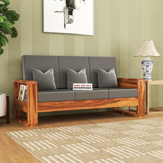 Jeenwood Solid Sheesham Wood 3 Seater Sofa, 3 Seater Sofa with Side Pockets with Cushions for Living Room, Home Furniture - Honey