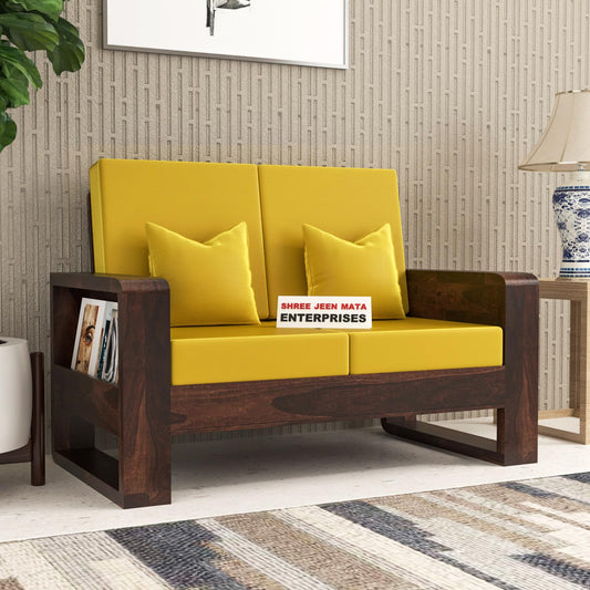 Jeenwood Solid Sheesham Wood 2 Seater Sofa, 2 Seater Sofa with Side Pockets with Cushions for Living Room, Home Furniture - Walnut