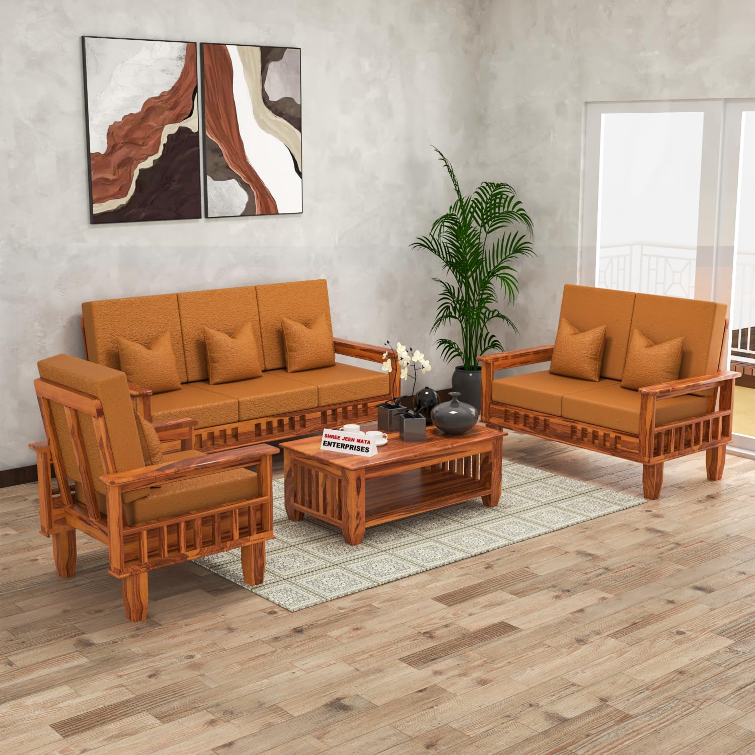 Jeenwood Wooden Sofa Set 6 Seater for Living Room – Solid Sheesham Wood Sofa 6 Seater - Brown Honey