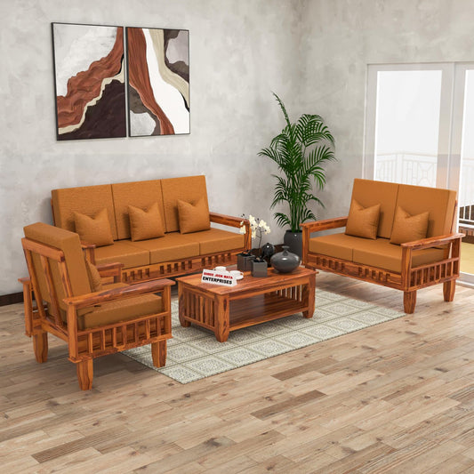 Jeenwood Wooden Sofa Set 6 Seater for Living Room – Solid Sheesham Wood Sofa 6 Seater - Brown Honey