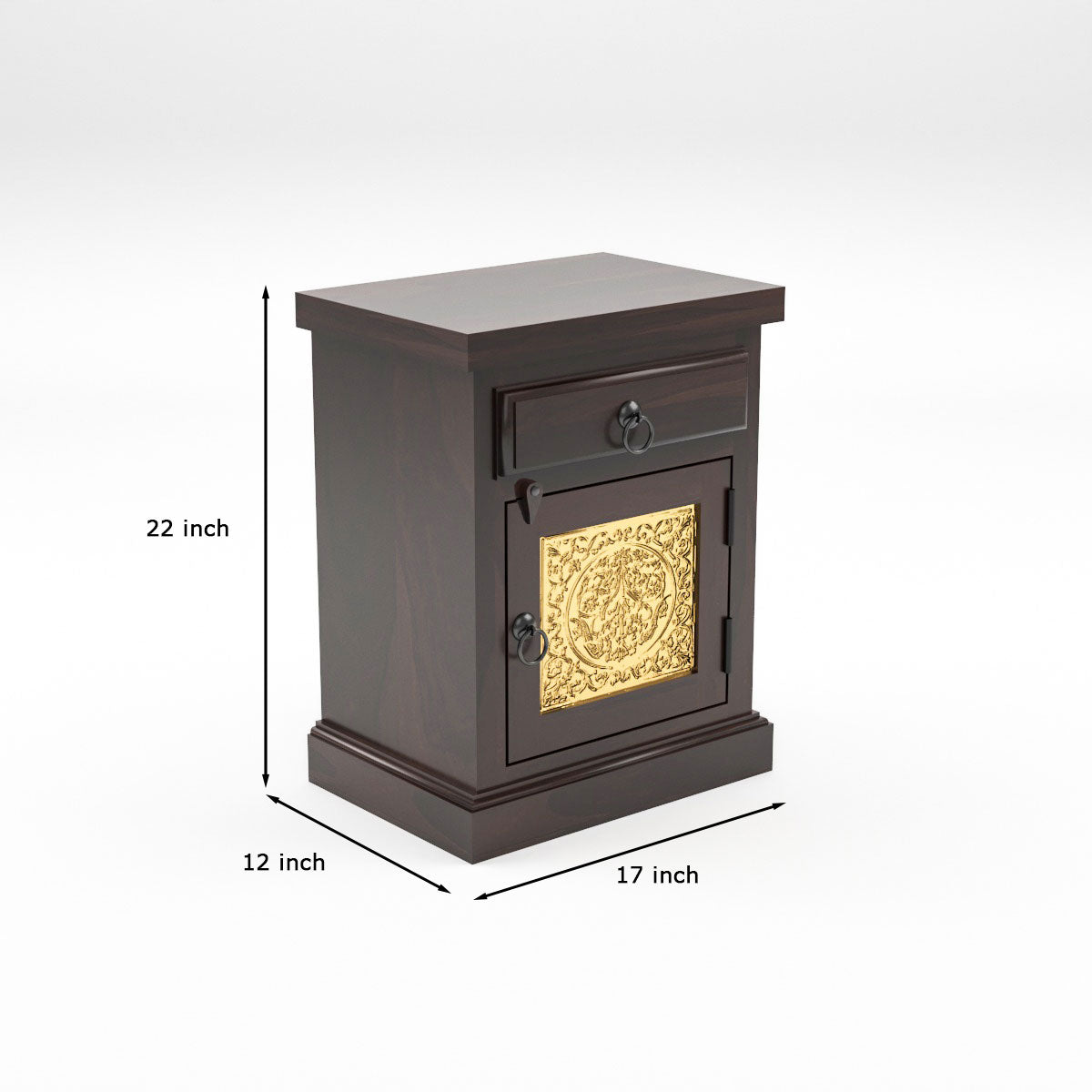 Solid Sheesham Wood Bedside Table with Drawer & Cabinet | Brass Inlay Door