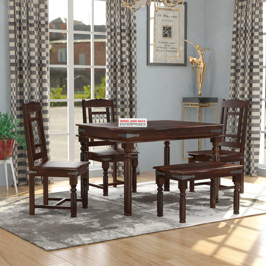 Jeenwood Sheesham Wooden 4 Seater Dining Table with 3 Chairs & Bench - Dining Set for Dining Room - Wooden Dining Table 4 Seater Modern Dining Table Set of 4 for Hotel - Walnut