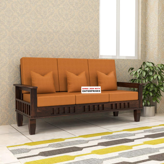 Jeenwood Solid Sheesham Wooden Sofa 3 Seater for Living Room | 3 Person Seating - Elegant Sofas Set Wooden Furniture for Home Office Decor - Brown Walnut
