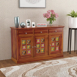 Jeenwood Sheesham Wooden Storage Cabinet for Living Room with 3 Drawer & 6 Shelves - Solid Wood Sideboard for Storage - Wooden Drawer Cabinet for Bedroom Home & Kitchen Cabinet - Honey