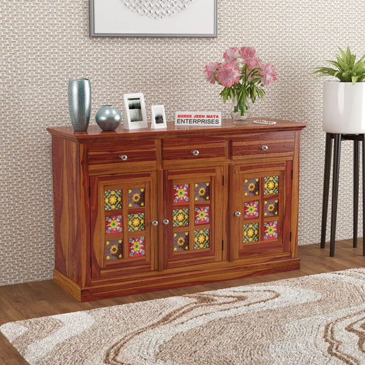Jeenwood Sheesham Wooden Storage Cabinet for Living Room with 3 Drawer & 6 Shelves - Solid Wood Sideboard for Storage - Wooden Drawer Cabinet for Bedroom Home & Kitchen Cabinet - Honey