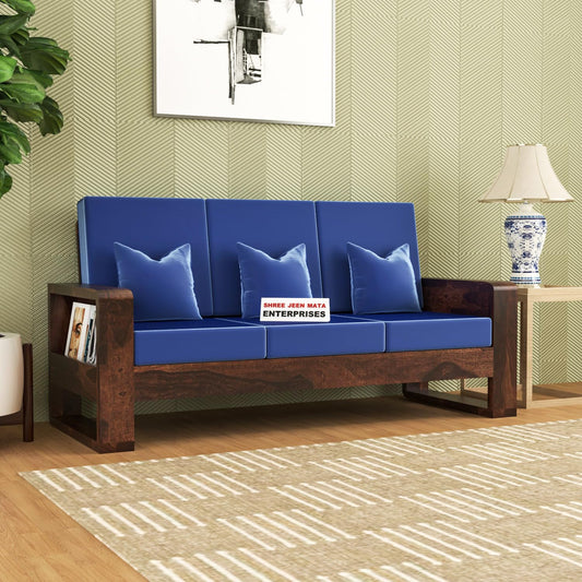 Jeenwood Solid Sheesham Wood 3 Seater Sofa, 3 Seater Sofa with Side Pockets with Cushions for Living Room, Home Furniture - Walnut