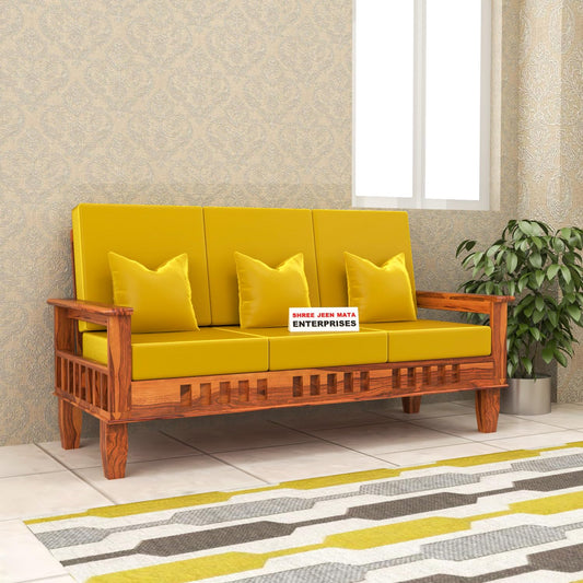 Jeenwood Solid Sheesham Wooden Sofa 3 Seater | 3 Person Sofa - 3 Seater Sofa For Living Room | Premium Sofa Set 3 Seater with Comfortable Cushion - For Home Office Furniture - Yellow Honey