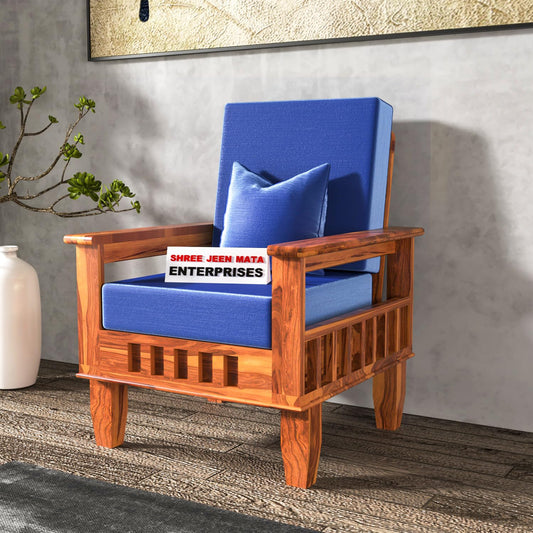 Jeenwood Sheesham Wood Single Seater Sofa | Wooden Single Sofa Chair - Premium Chair for Living Room Bedroom Home Office Furniture - Blue Honey