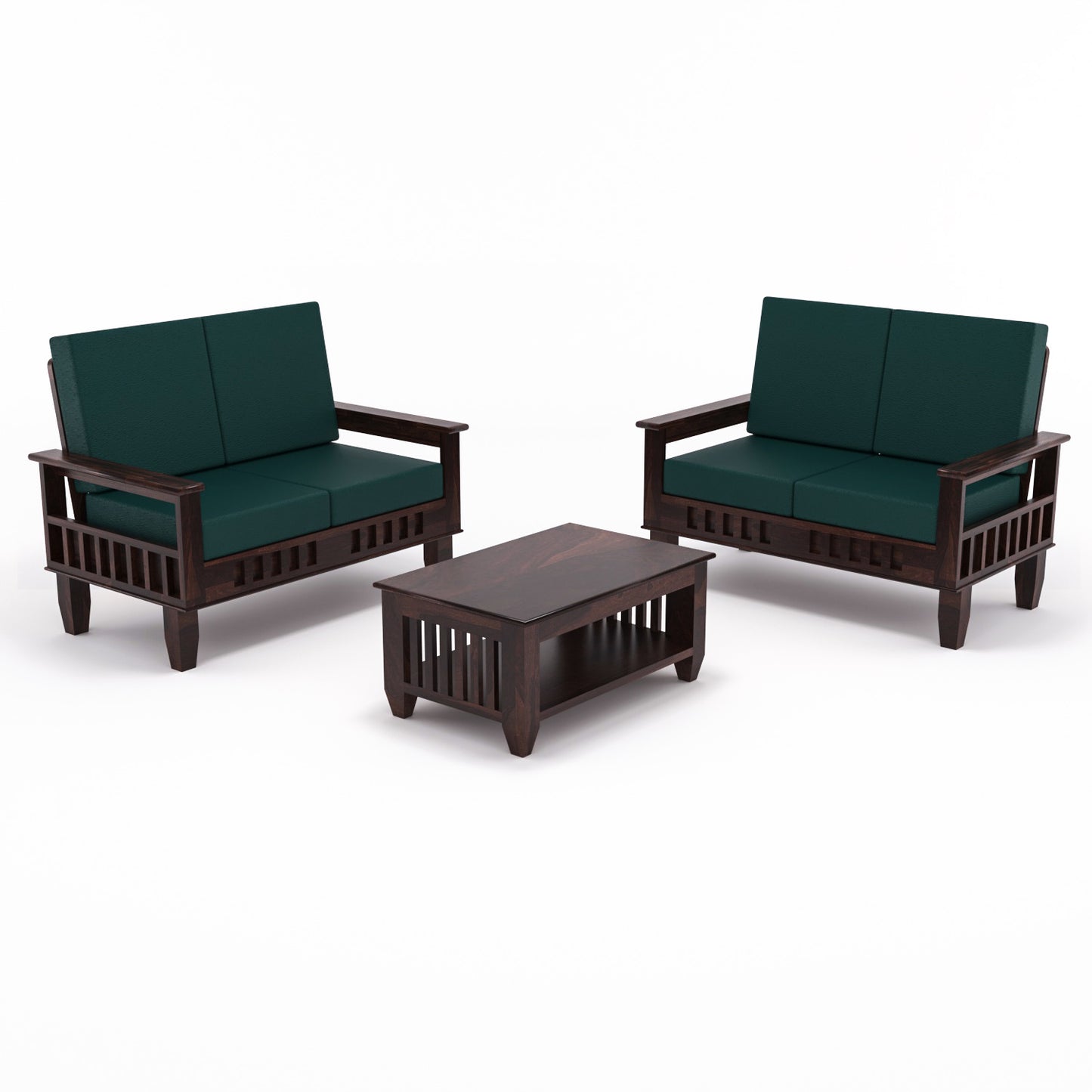 Solid Wood 4 Seater Sofa Set (Set of 2) | Natural & Walnut Finish Wooden Sofa with Cushions
