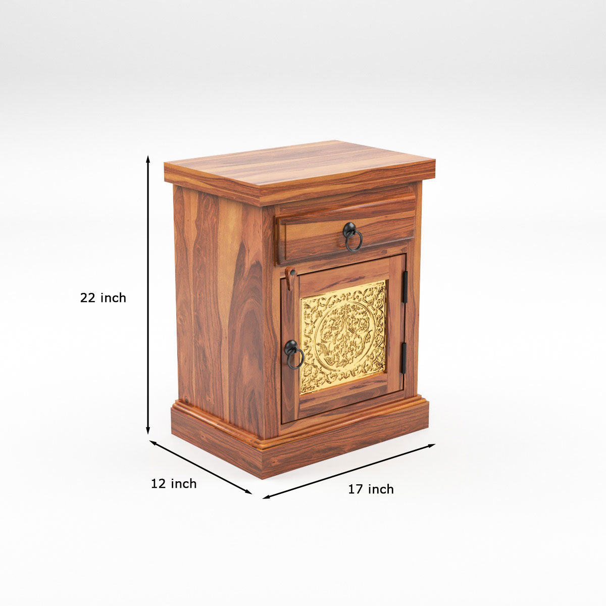 Solid Sheesham Wood Bedside Table with Drawer & Cabinet | Brass Inlay Door