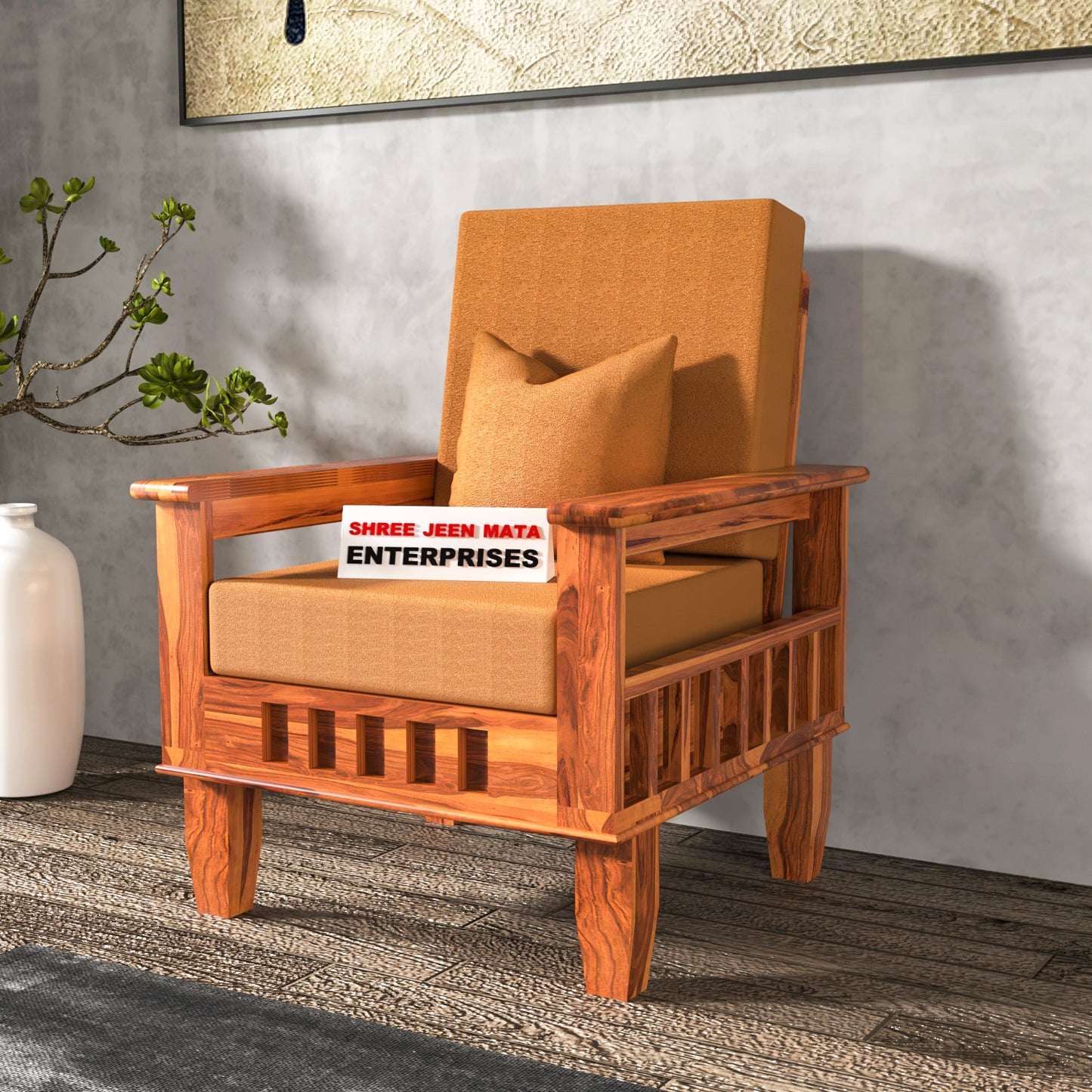 Solid Wood Single Seater Sofa with Natural & Walnut Finish and Cushioned Comfort