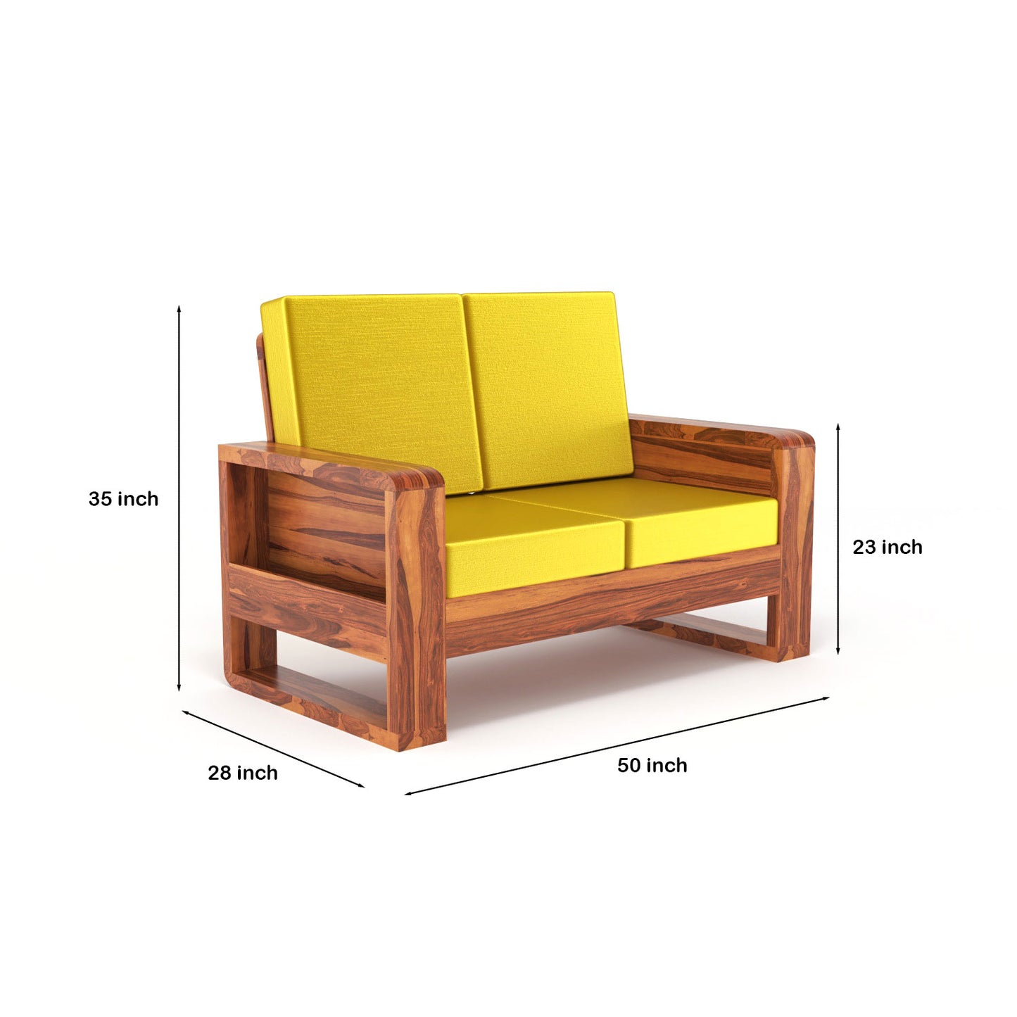 Solid Wood 2 Seater Sofa | Natural & Walnut Finish Wooden Sofa with Cushioned Comfort