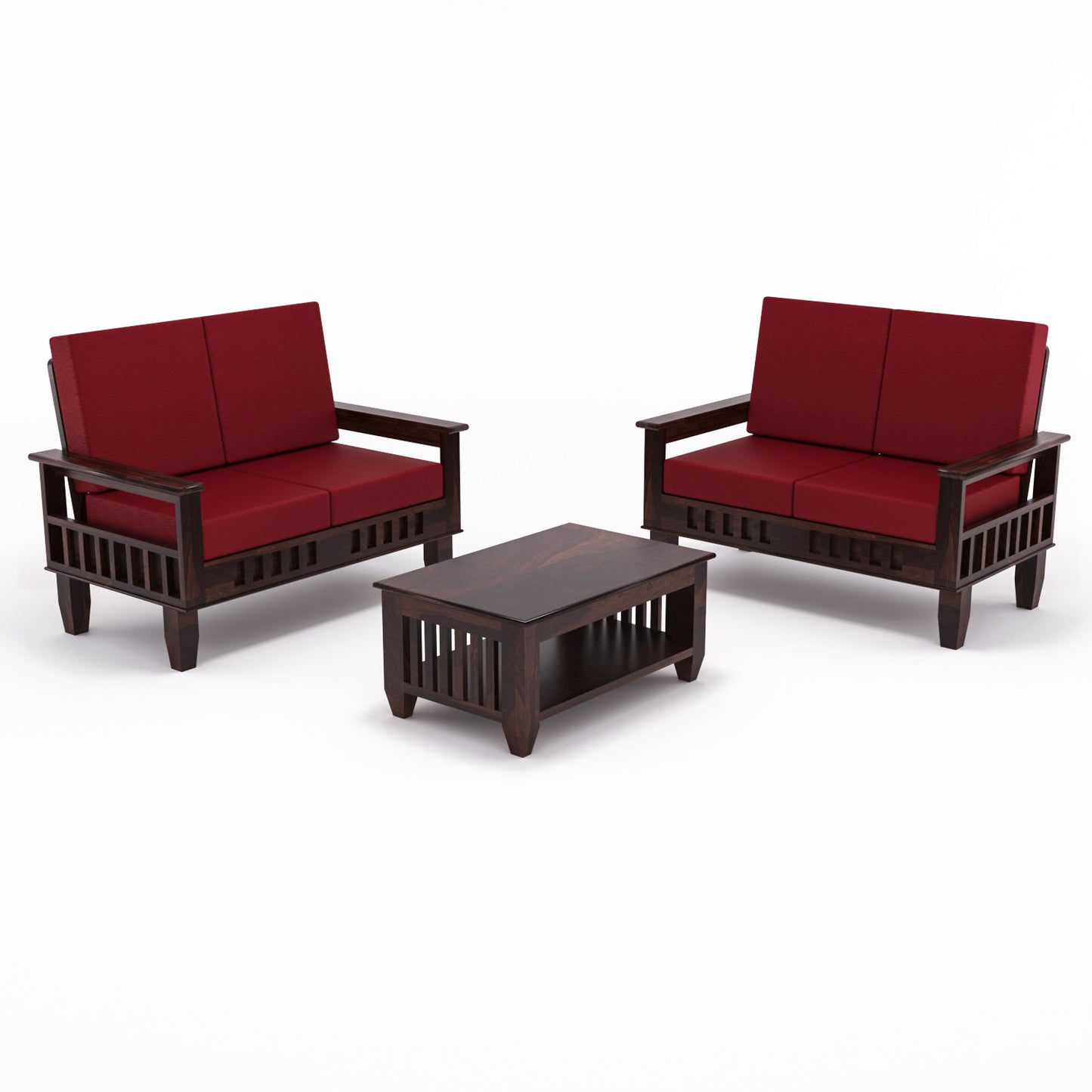 Solid Wood 4 Seater Sofa Set (Set of 2) | Natural & Walnut Finish Wooden Sofa with Cushions