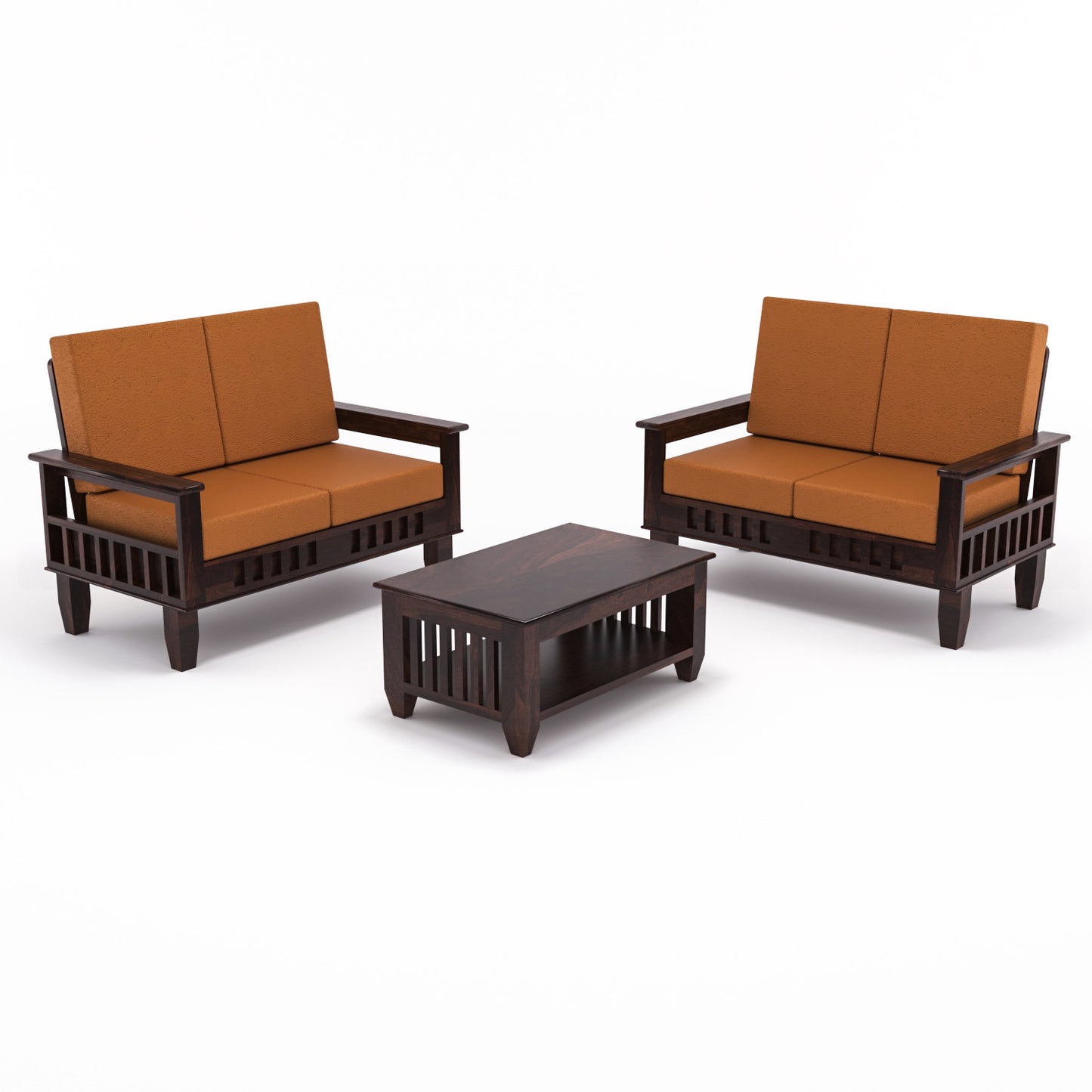 Solid Wood 4 Seater Sofa Set (Set of 2) | Natural & Walnut Finish Wooden Sofa with Cushions