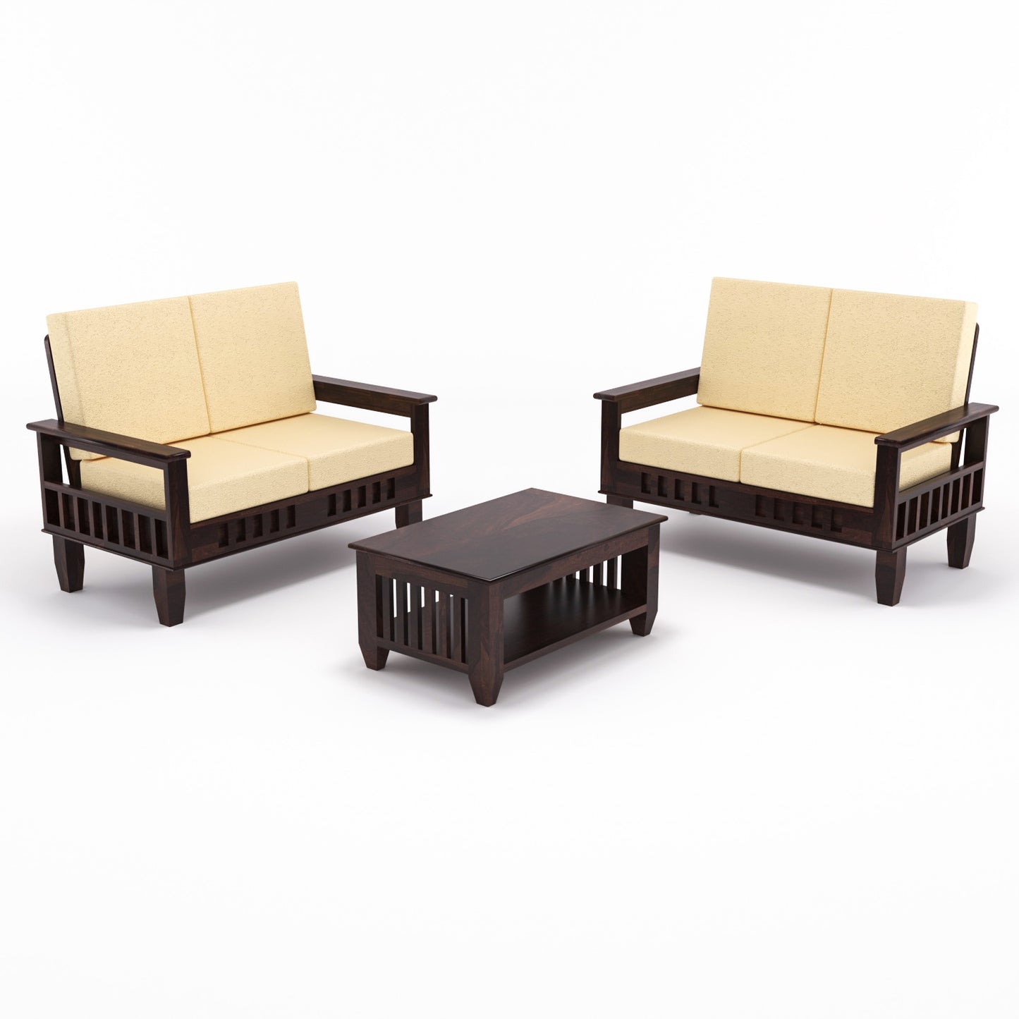 Solid Wood 4 Seater Sofa Set (Set of 2) | Natural & Walnut Finish Wooden Sofa with Cushions