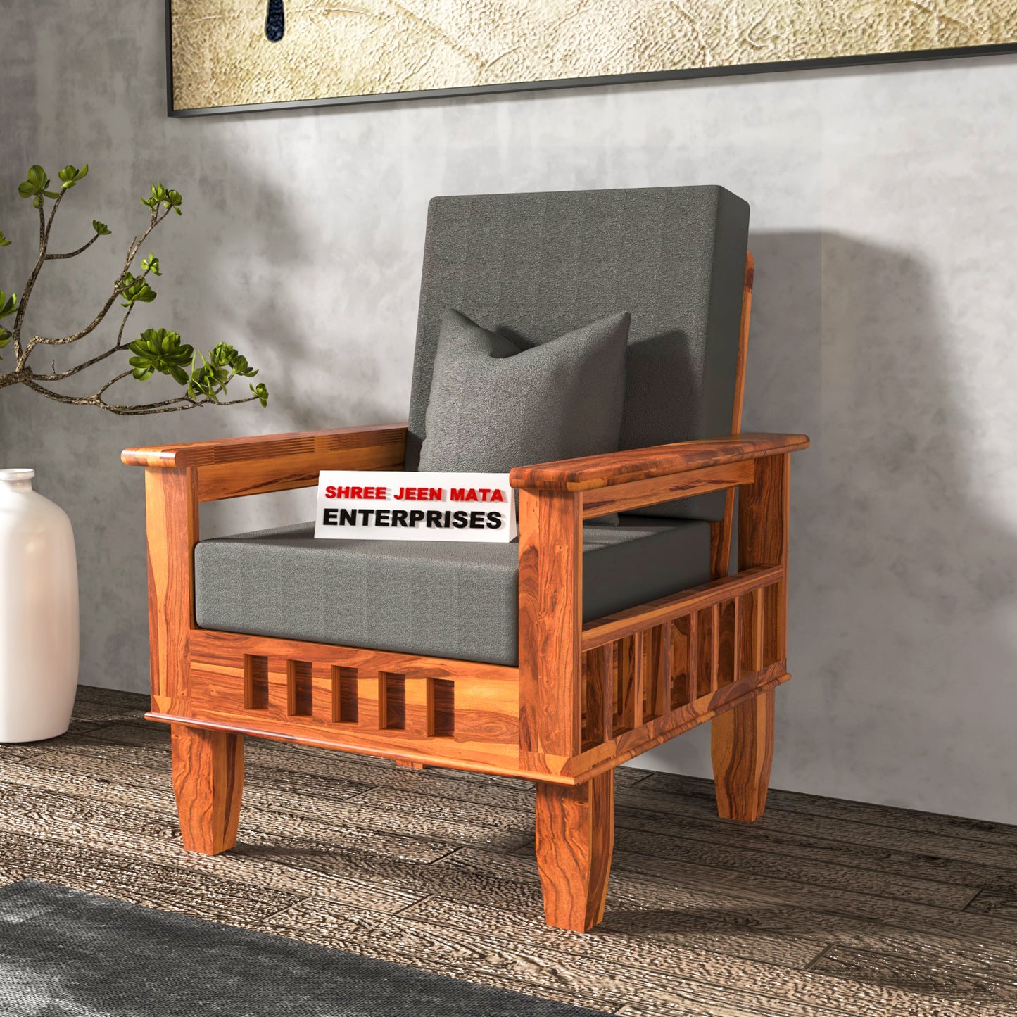 Solid Wood Single Seater Sofa with Natural & Walnut Finish and Cushioned Comfort